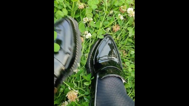 Transvestite White clover, plants, weeds, loafers, flowers, leather shoes, stomping, crush fetish, J