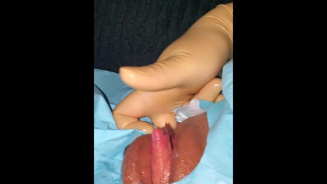 FTM gets clit handjob while being finger fucked with surgical gloves
