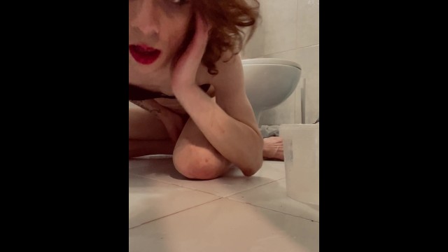 Tranny pig farts while pissing on the floor then drinks it with her cum