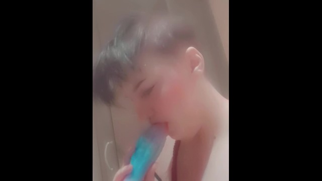 Trans femboy twink sucks fantasy dildo