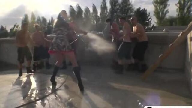 Two slutty European babes get fucked rough by a group of horny dudes